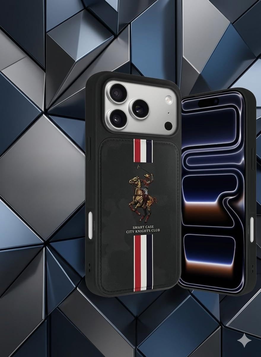 City Knights Club Luxury iPhone 17 Pro Max Case with Card Holder, Grey Camouflage Business Edition, Shock-Resistant Slim Wallet Phone Case