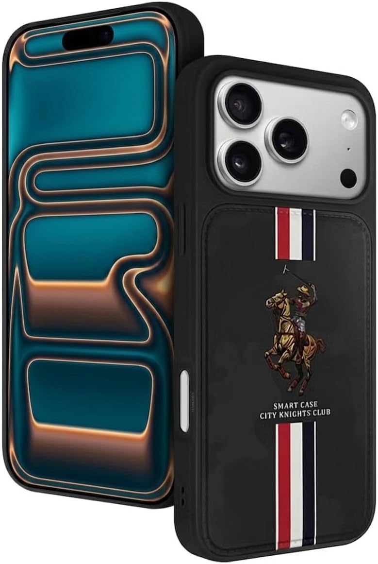 City Knights Club Luxury iPhone 17 Pro Max Case with Card Holder, Grey Camouflage Business Edition, Shock-Resistant Slim Wallet Phone Case