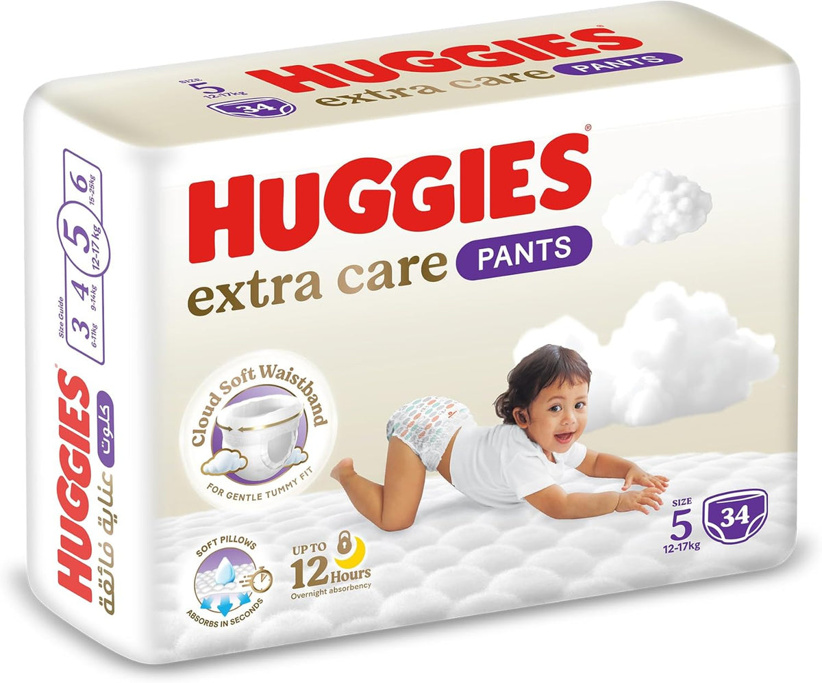 Huggies Extra Care Baby Culottes, Size 5 (12-17 kg), Super Mega Pack, 136 Diaper Pants