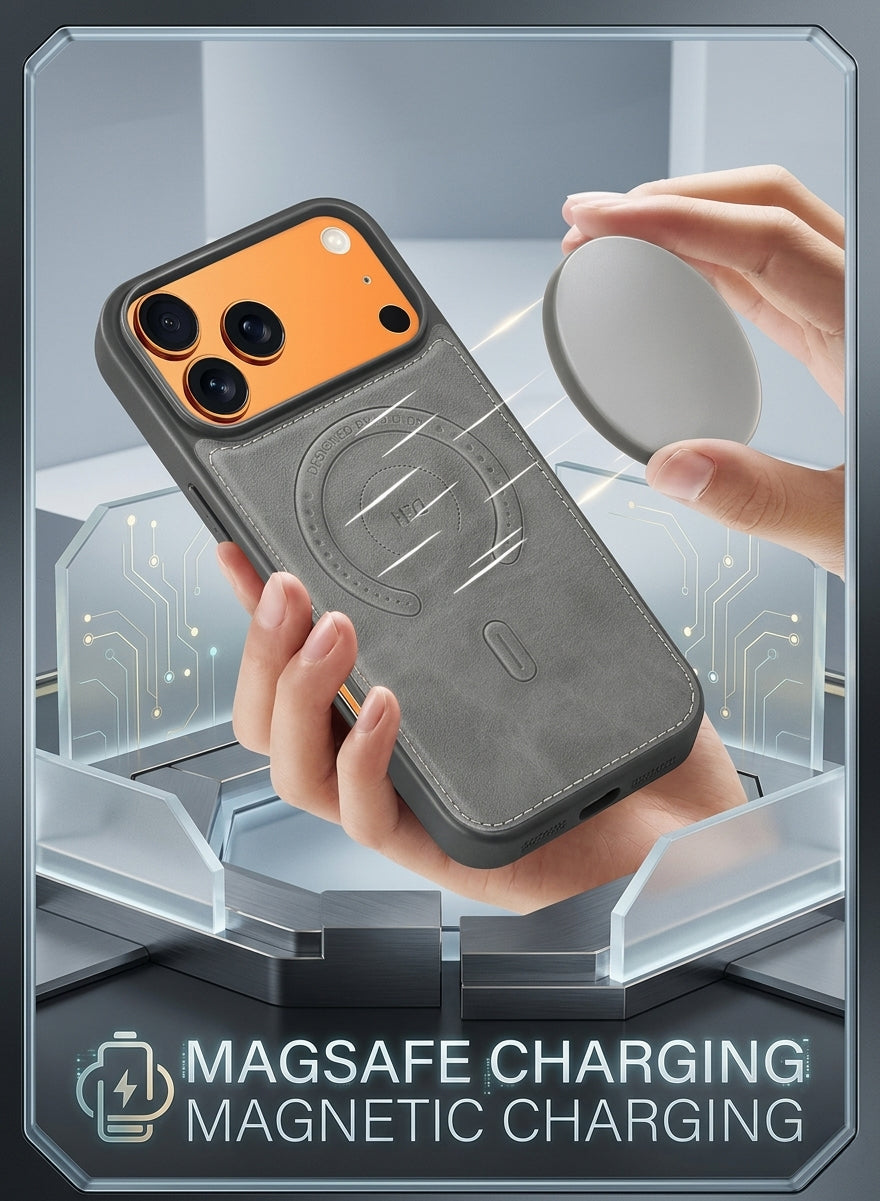 Premium Leather Case and Screen Protector Compatible with iPhone 17 Pro Max, Slim MagSafe Shockproof Protective Cover with Metallic Camera Ring & Tactile Buttons – Grey