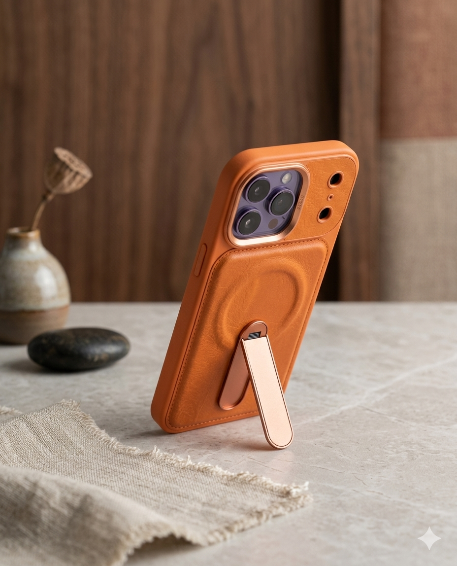 Magnetic Leather Phone Case with Foldable Kickstand for iPhone 17 Pro Max, Cosmic Orange
