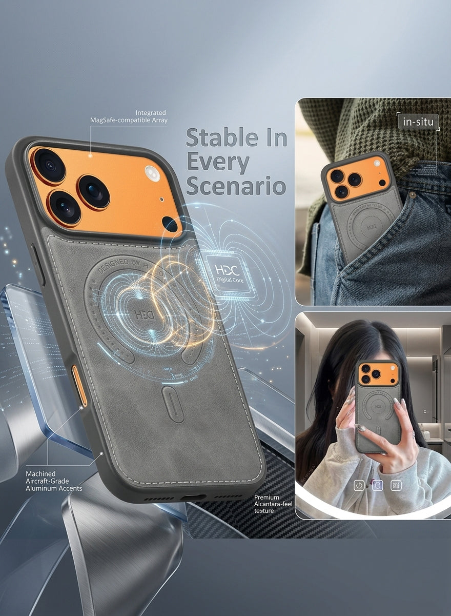 Premium Leather Case and Screen Protector Compatible with iPhone 17 Pro Max, Slim MagSafe Shockproof Protective Cover with Metallic Camera Ring & Tactile Buttons – Grey