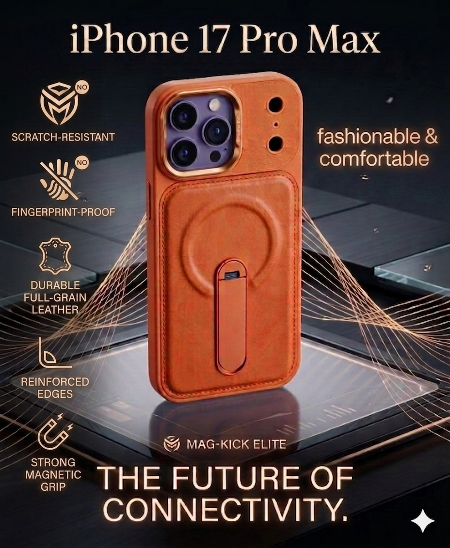 Magnetic Leather Phone Case with Foldable Kickstand for iPhone 17 Pro Max, Cosmic Orange