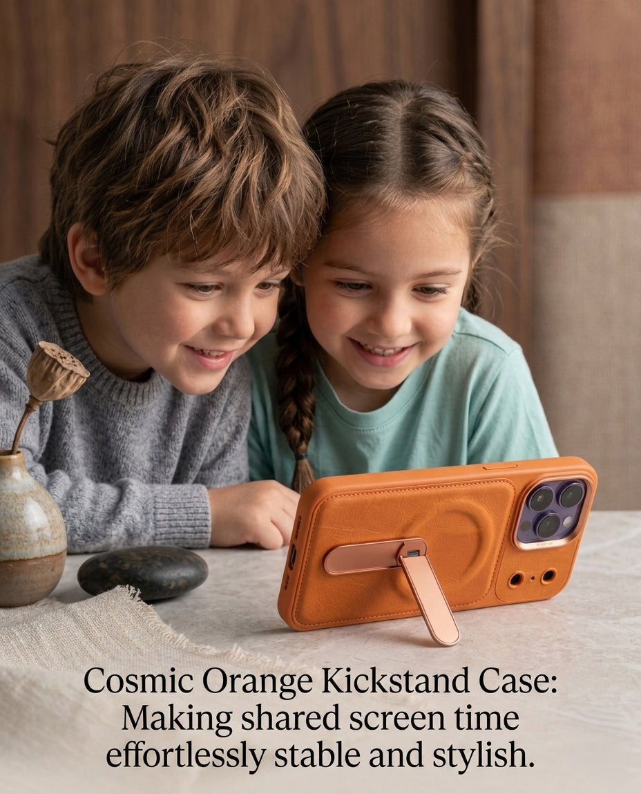 Magnetic Leather Phone Case with Foldable Kickstand for iPhone 17 Pro Max, Cosmic Orange